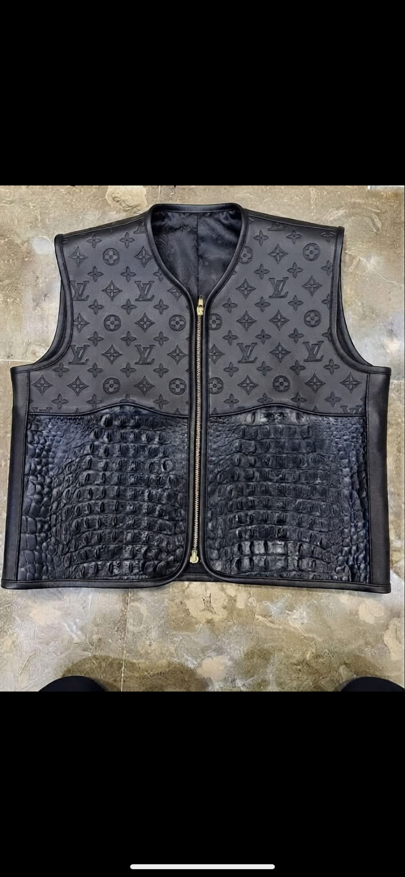 Custom leather vest with monogram embossing and crocodile texture — Aztecs Custom Cuts